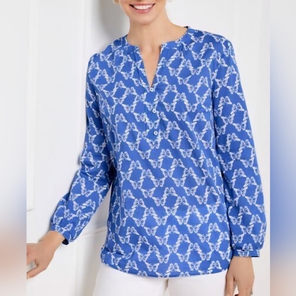 TALBOTS Petite Butterfly Print Cotton Tunic Blouse Shirt Size Small Blue White - Picture 1 of 12